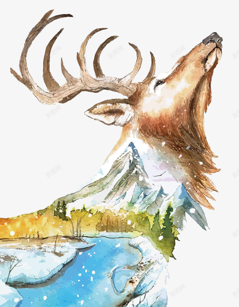 山河鹿矢量图eps免抠素材_88icon https://88icon.com PNG图片 PNG图片素材 PNG素材 PNG素材免费下载 山河 手绘 水彩 湖泊 矢量图 美丽的鹿 雪山 鹿