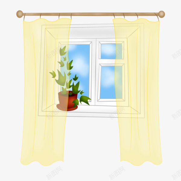 窗帘窗户png免抠素材_88icon https://88icon.com 盆栽 窗帘 窗户 黄色窗帘