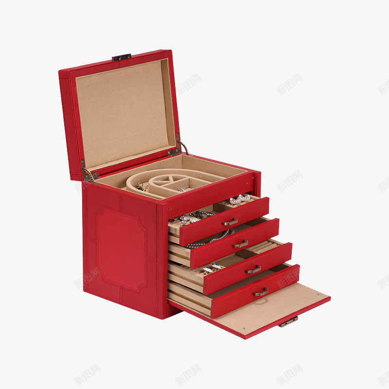 红色创意大号饰品盒png免抠素材_88icon https://88icon.com 产品实物 创意大号饰品盒 欧式复古首饰盒 真皮多功能珠宝盒 红色珠宝盒
