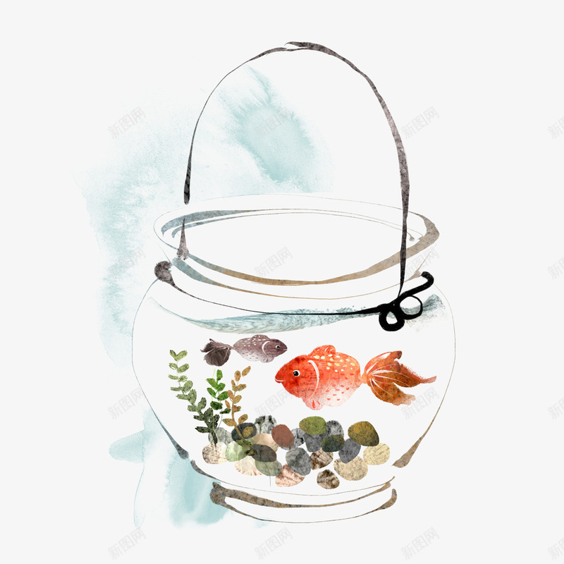 手绘金鱼鱼缸png免抠素材_88icon https://88icon.com 中国风 手绘 水产 水草 金鱼 金鱼戏水 鱼 鹅卵石