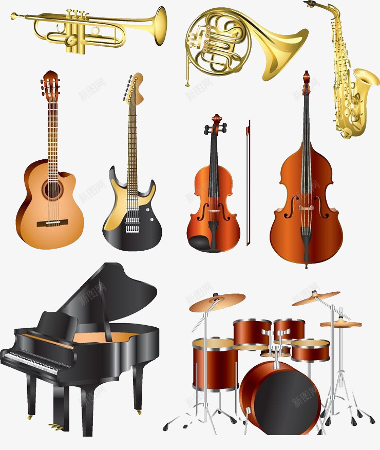 西洋乐器合集矢量图ai免抠素材_88icon https://88icon.com 乐器矢量 吉他 喇叭 小提琴 架子鼓 钢琴 矢量图