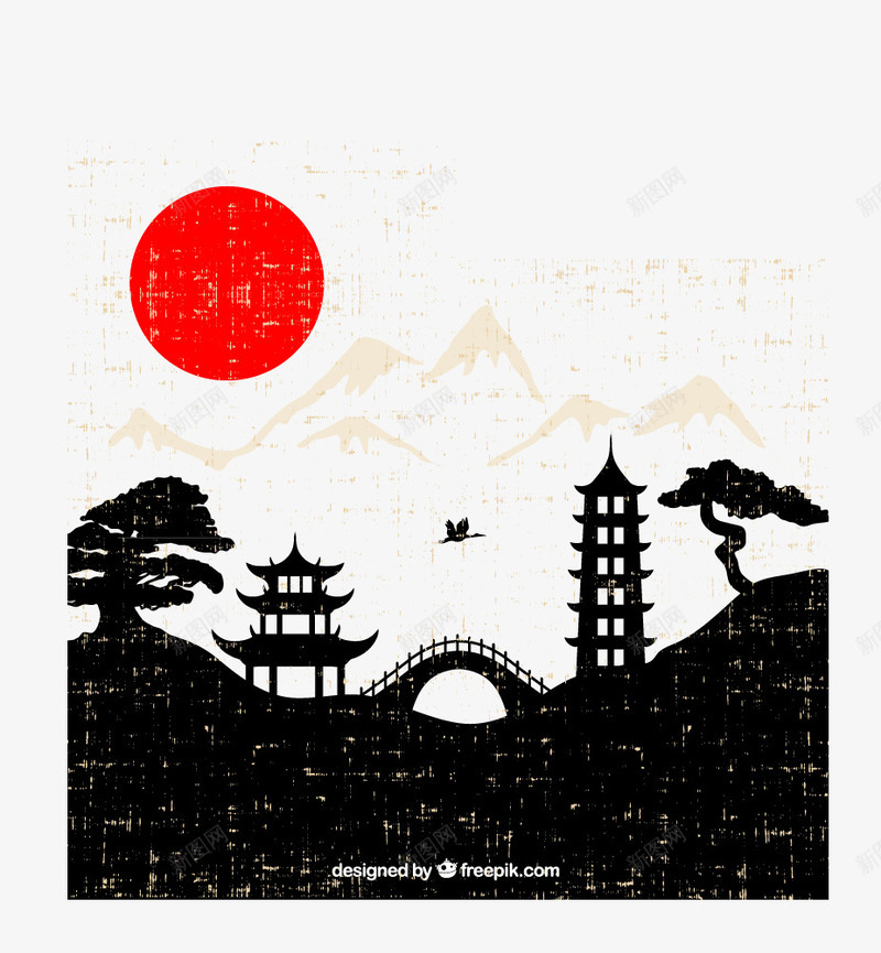 日式风格插画矢量图ai免抠素材_88icon https://88icon.com 亭子 仙鹤 塔 太阳 拱桥 插画 日本 松柏 松树 雪山 风景 矢量图