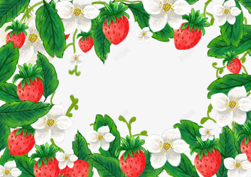 手绘插画新鲜草莓果实与绿叶png免抠素材_88icon https://88icon.com 手绘 插画 新鲜 果实 水果 白色花 绿叶 草莓
