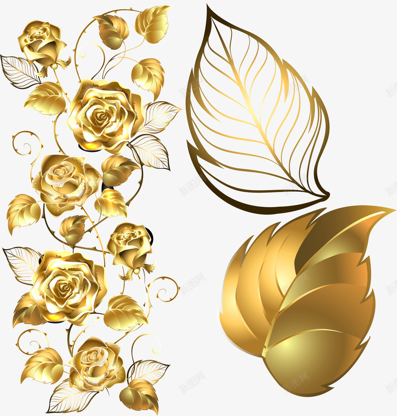 金色玫瑰装饰元素png免抠素材_88icon https://88icon.com 叶子 花藤 装饰元素 金色玫瑰 镀金