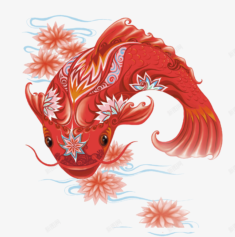 红色手绘卡通大鱼图png免抠素材_88icon https://88icon.com 年年有余 新春 春节 红色中国风手绘大鱼 荷塘 莲花 过年