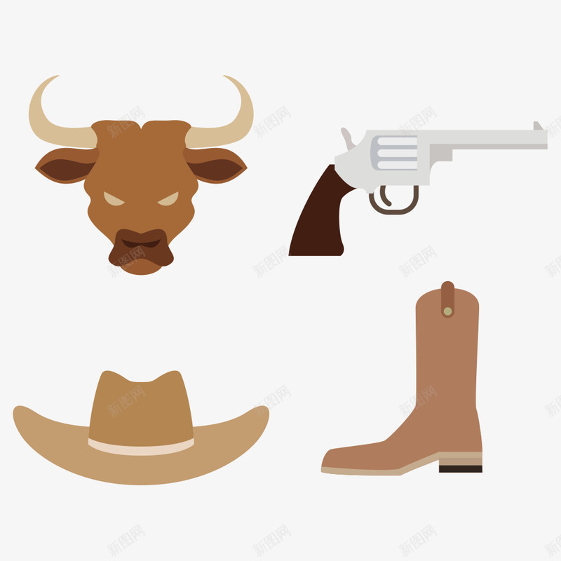 卡通斗牛装备矢量图ai免抠素材_88icon https://88icon.com 公牛 凶猛 动物 帽子 手枪 斗牛场 斗牛士 表演 角斗 靴子 矢量图
