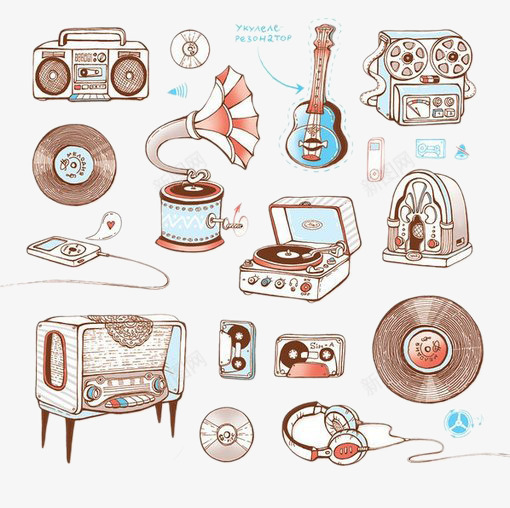 手绘音乐器材png免抠素材_88icon https://88icon.com 吉他 唱片 手绘钢琴 收音机 留声机 磁带 耳机 运动耳机跑步挂耳式 音乐器材