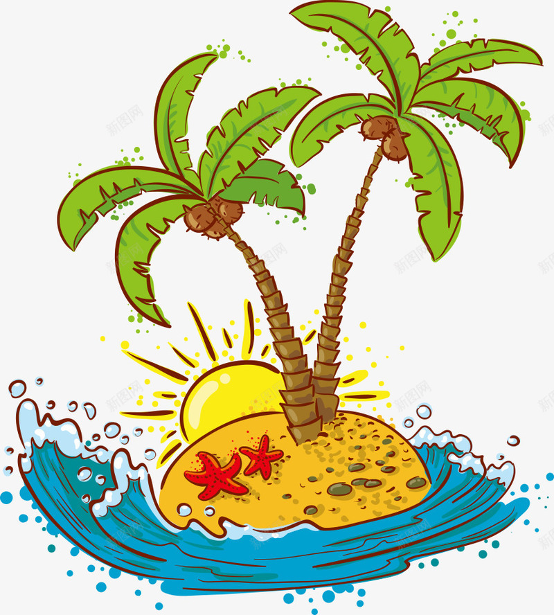 太阳海浪椰树矢量图ai免抠素材_88icon https://88icon.com 夏日 夏日元素 太阳 植物 椰树 海星 海浪 绿植 矢量图