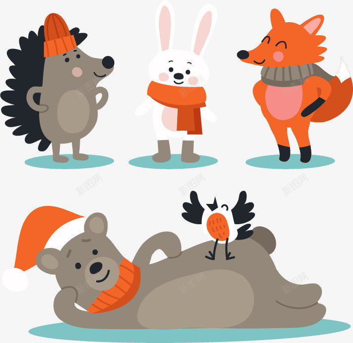 四只小动物png免抠素材_88icon https://88icon.com 免扣png 免费png 刺猬 动物过圣诞 卡通画熊免扣 可爱的熊 小狐狸 小白兔 小鸟 灰熊 装饰图案 装饰熊PNG
