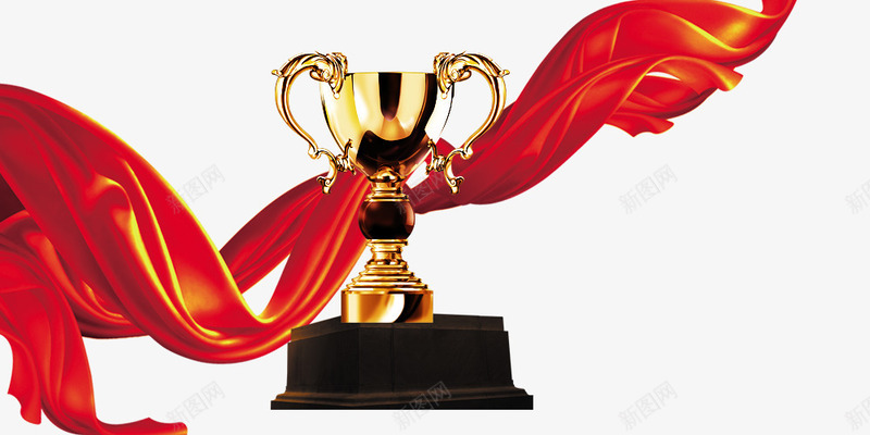 奖杯psd免抠素材_88icon https://88icon.com 冠军 奖杯 红绸带 红飘带