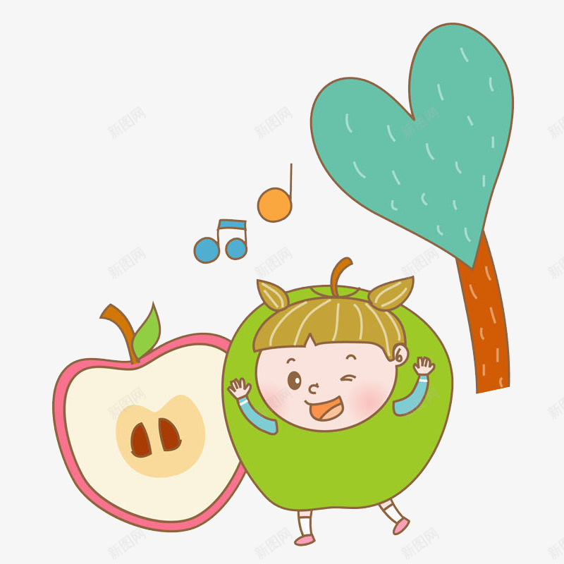 卡通苹果女孩图png免抠素材_88icon https://88icon.com 切面 创意的 可爱的 爱心树 青苹果 音符 高兴地