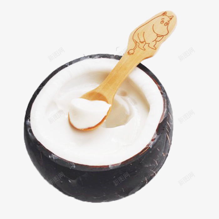 雪白的奶冻配可爱木勺png免抠素材_88icon https://88icon.com 创意美食 可爱木勺 奶冻 椰壳装 椰子冻 雪白 黑色
