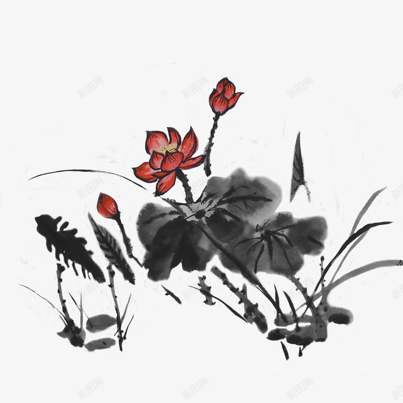 荷花png免抠素材_88icon https://88icon.com 水墨 红色 荷花 莲花 黑色