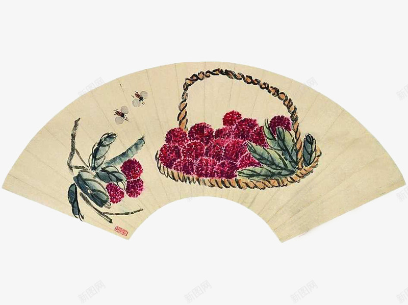 篮子里的荔枝png免抠素材_88icon https://88icon.com 扇子 扇形 扇面画 水墨 篮子里 花鸟画 荔枝 荔枝花