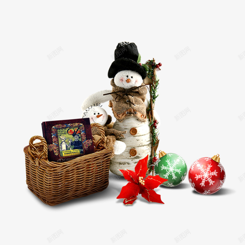 雪人和圣诞小礼品png免抠素材_88icon https://88icon.com 小箩筐 戴着黑色帽子的雪人 相框 红色花朵 雪花图案的小球