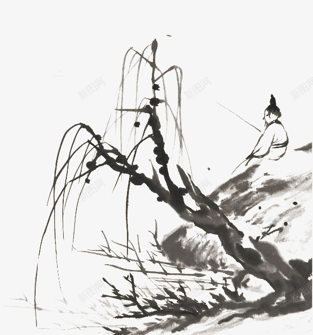 中国风毛笔画水墨垂钓png免抠素材_88icon https://88icon.com 休闲 垂钓 毛笔画 水墨垂钓 水墨画 闲情逸致 风景