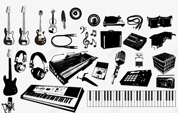 黑色电吉他话筒键盘钢琴音箱音符png免抠素材_88icon https://88icon.com 剪影 电吉他 话筒 钢琴 键盘 音符 音箱 黑色