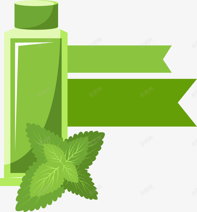 卡通绿色洗面奶瓶子png免抠素材_88icon https://88icon.com 卡通瓶子 洗面奶插图 洗面奶瓶子 绿色叶子 绿色条幅 绿色瓶子 薄荷叶