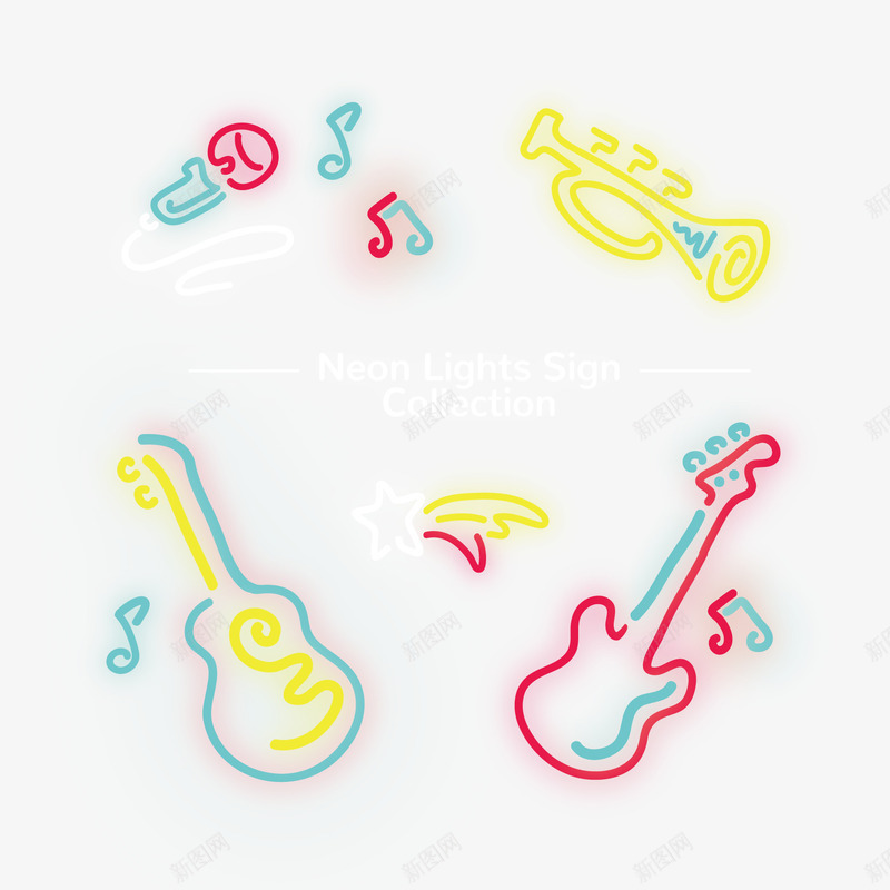音符和吉他矢量图ai免抠素材_88icon https://88icon.com 吉他 彩灯 新图网 荧光灯 音符 矢量图