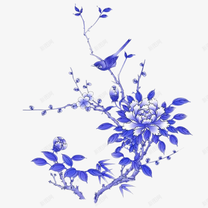 中国风花朵png免抠素材_88icon https://88icon.com 中国风 小鸟 青花瓷 麻雀