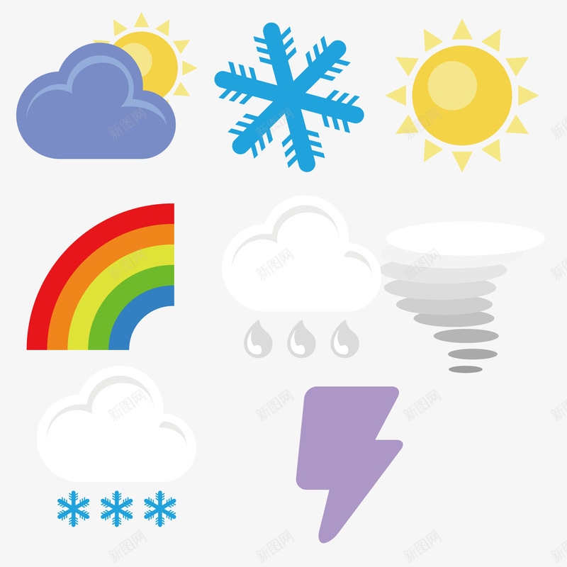 雷雨雪天气标示矢量图ai免抠素材_88icon https://88icon.com 天气 太阳 彩虹 矢量图 雪片 雪花 雷 风雨气温图 龙卷风