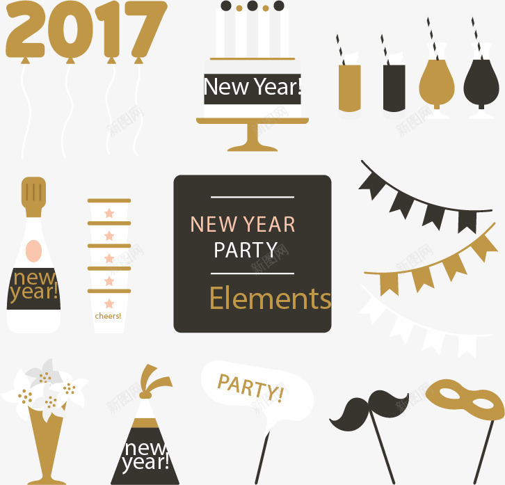 扁平2017新年元素png免抠素材_88icon https://88icon.com 新年元素 气球 派对元素 矢量素材 蛋糕 香槟