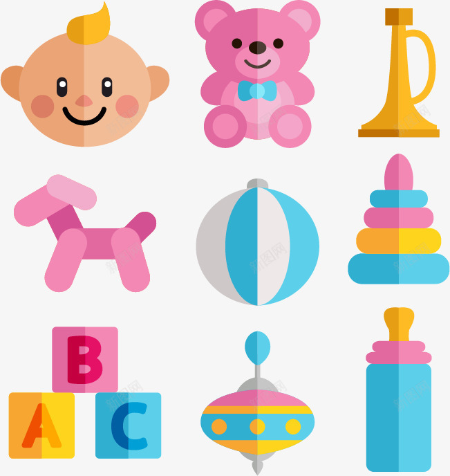 扁平婴儿玩具矢量图ai免抠素材_88icon https://88icon.com 免扣png素材 免费png素材 小木马 新生儿 玩具喇叭 玩具熊 英文积木 矢量图