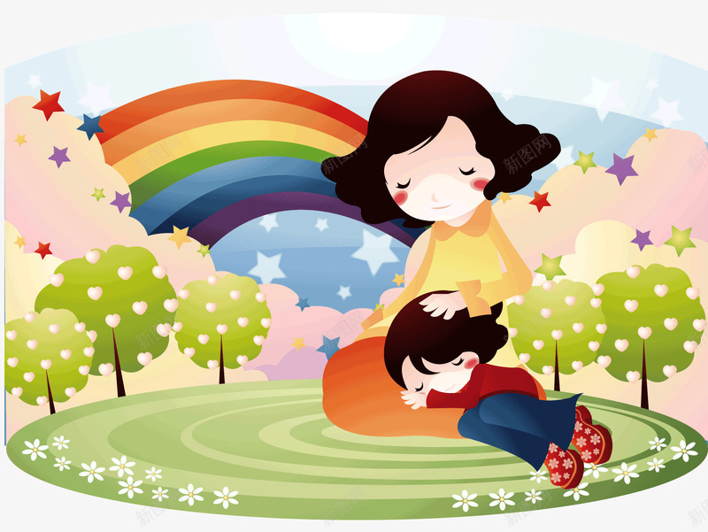 抚摸孩子睡觉的母亲png免抠素材_88icon https://88icon.com 卡通 天空的彩虹 安睡的孩子 母亲 绿色的草地