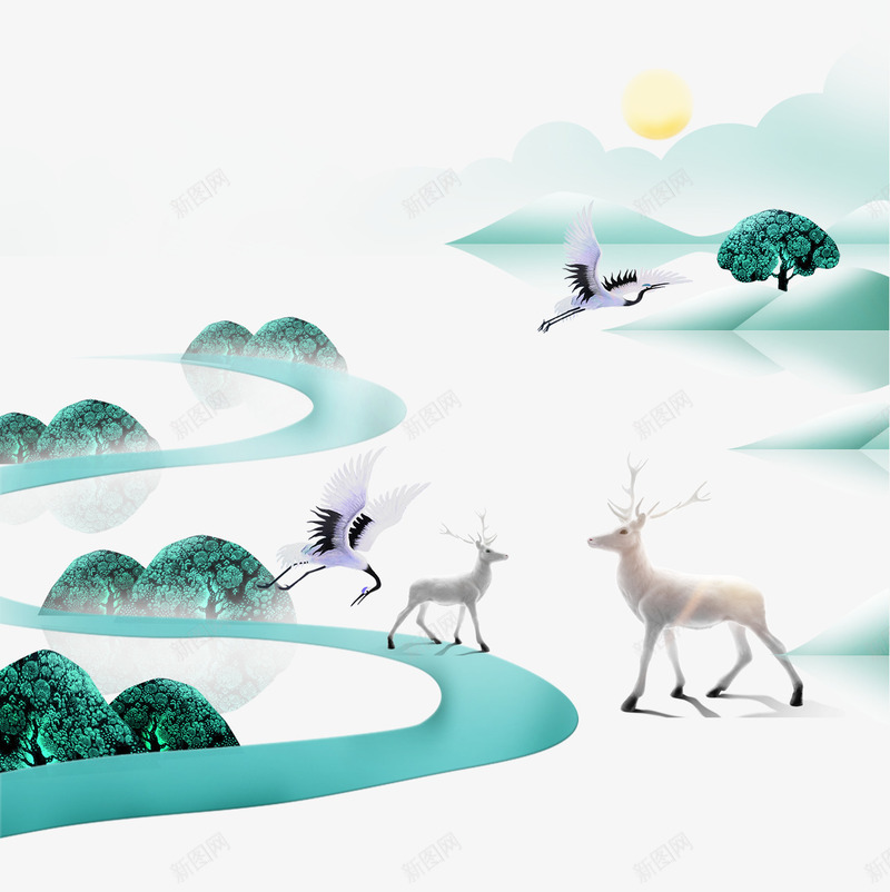 中国风小清新背景png免抠素材_88icon https://88icon.com H5 H5背景 PSD分层 中国风 仙鹤 小清新 梅花鹿 湖水 简约 绿色背景