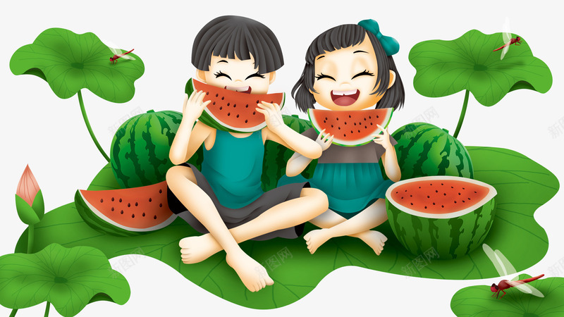 卡通手绘坐在荷叶上吃西瓜的psd免抠素材_88icon https://88icon.com 上吃西瓜的女孩 免抠卡通手绘坐在荷叶上吃西瓜的女孩免费下载 卡通 坐在荷叶 手绘 男孩 荷花装饰 蜻蜓
