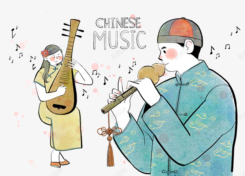 吹拉弹唱传统插画psd免抠素材_88icon https://88icon.com 中国风 传统 古筝 唯美 彩绘 服饰 绘画 葫芦丝 音乐