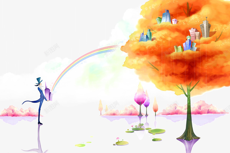 手绘秋天风景png免抠素材_88icon https://88icon.com 创意 城市 彩虹 手绘 秋天 金黄