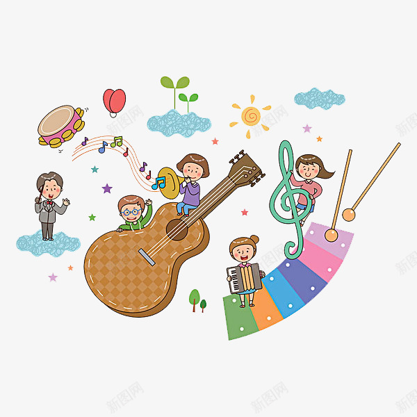 音乐孩子png免抠素材_88icon https://88icon.com 乐符 云彩 卡通 吉他 太阳 小孩 简笔 音乐 高兴地