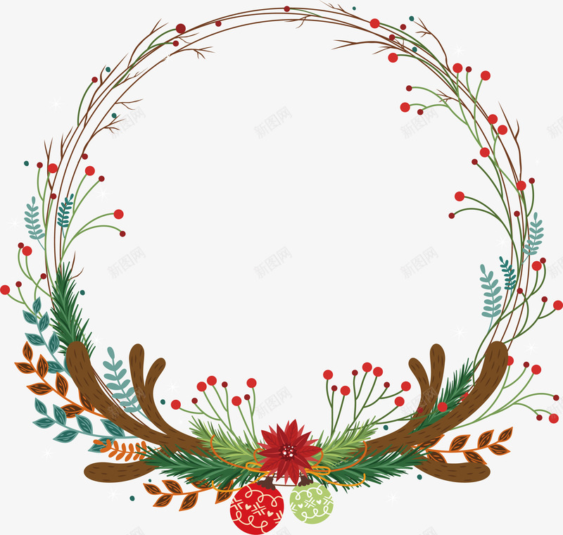 鹿角树枝冬季花环矢量图ai免抠素材_88icon https://88icon.com 冬季促销 圣诞促销 树枝花环 矢量png 鹿角 鹿角花环 矢量图