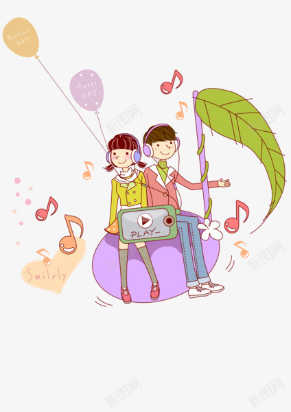 听音乐情侣png免抠素材_88icon https://88icon.com 卡通 情侣 气球 音符