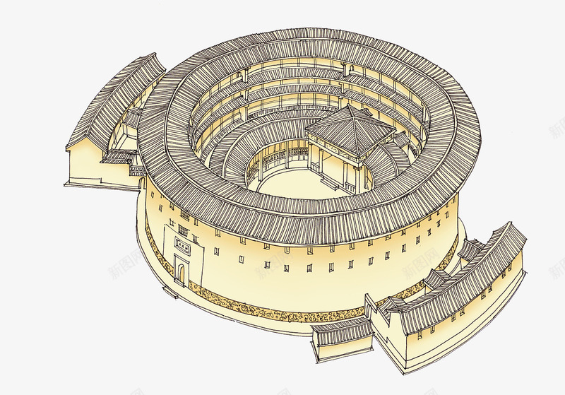 中国传统文化客家建筑png免抠素材_88icon https://88icon.com 中国文化 中国风 客家围屋 客家建筑 少数名族 建筑图 手绘