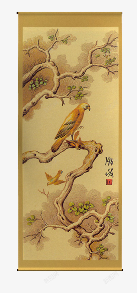 半卷轴发芽的树木和一只鸟png免抠素材_88icon https://88icon.com 卷轴 发芽 树木