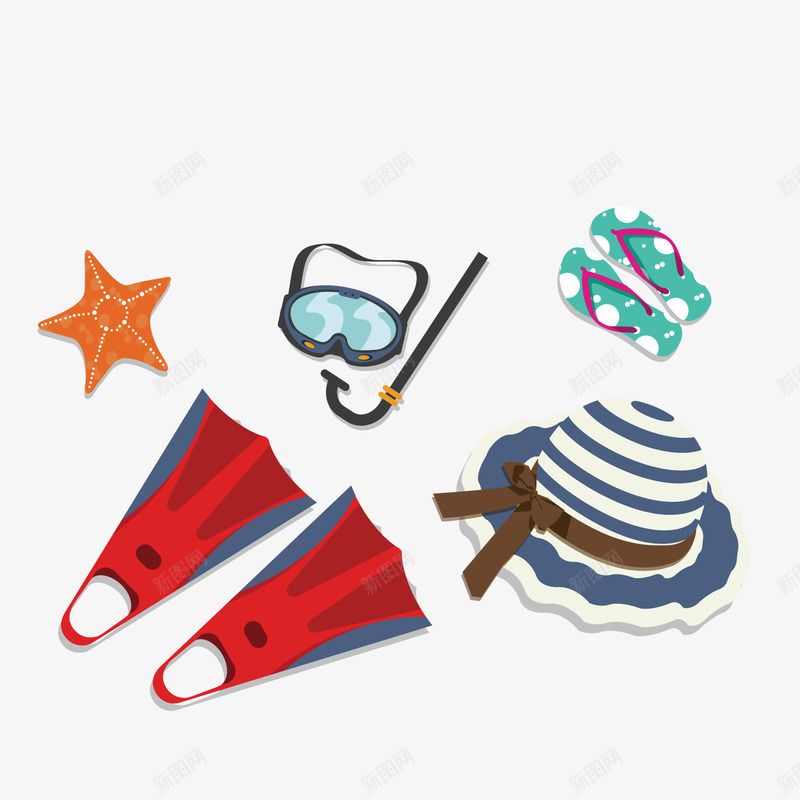 手绘海边装饰矢量图ai免抠素材_88icon https://88icon.com 人字拖 帽子 海边装饰 潜水装备 背景装饰 矢量图