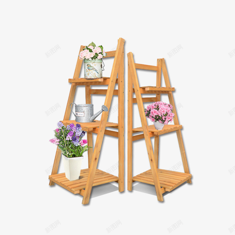 黄色木头花架子psd免抠素材_88icon https://88icon.com 免抠植物 木头 水壶 盆栽 粉色花朵 花架子 黄色