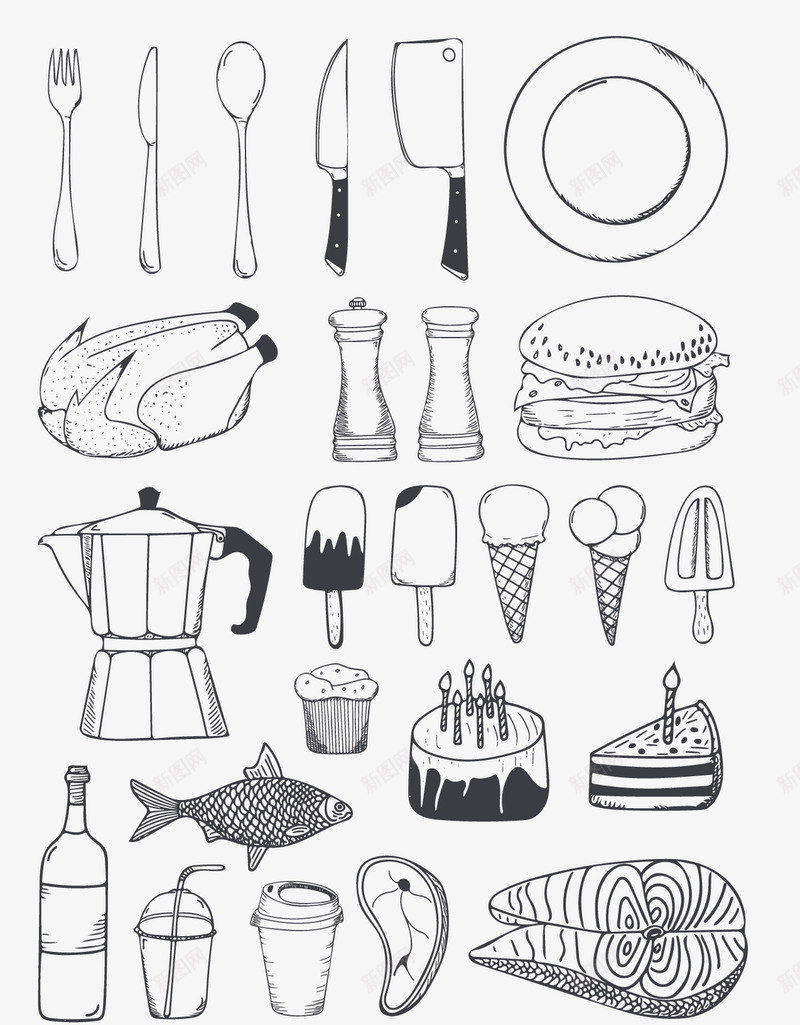 厨房餐具线稿图png免抠素材_88icon https://88icon.com 写真在线 冰淇淋 刀 刀具 剪刀 卡通食物 厨房用品 厨房餐具 实物 打蛋器 水壶 水杯 甜点 蛋糕 锅碗瓢盆 雪糕 黑白剪刀