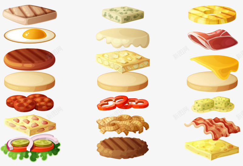 一堆汉堡食材png免抠素材_88icon https://88icon.com 一堆零食 做饭食材 卡通 吃的 彩色 手绘 汉堡食材 零食