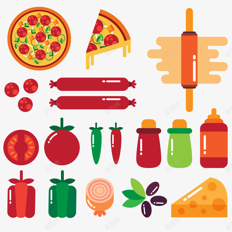 扁平化意大利披萨原料png免抠素材_88icon https://88icon.com 意大利食物 扁平化 披萨 辣椒 酱料 香肠