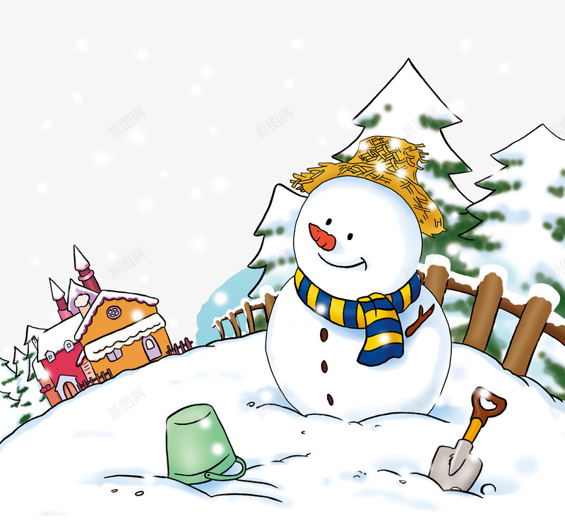 飘落的雪花雪景psd免抠素材_88icon https://88icon.com 屋顶雪 房屋 松树 雪人 雪地 雪花