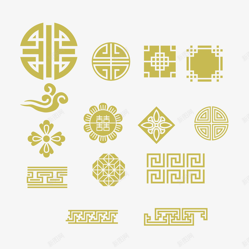 暗黄色中国风图案png免抠素材_88icon https://88icon.com 中国风 囍字 回形图案 祥云