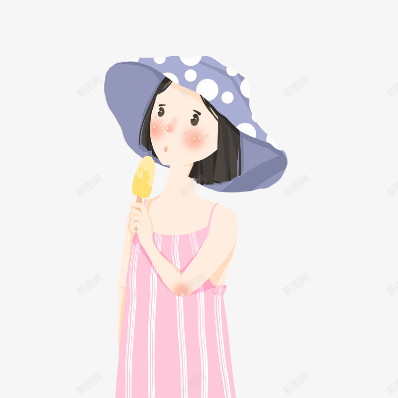 手绘夏日女孩吃冰棍png免抠素材_88icon https://88icon.com 可爱女孩 吃冰棍的女孩 吃雪糕 帽子 粉色长裙 裙子