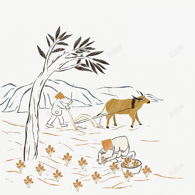 中国风农耕图png免抠素材_88icon https://88icon.com 农田 农耕图 农耕文化 春耕 水牛 水稻 种植 老农