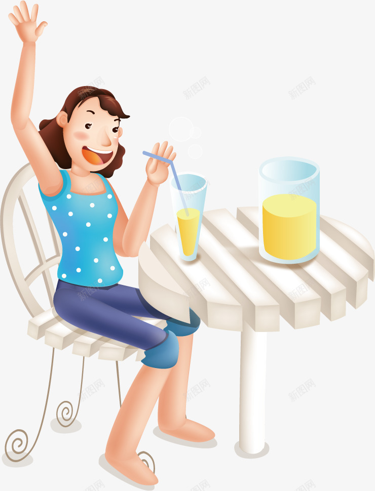 喝果汁招手的女子矢量图ai免抠素材_88icon https://88icon.com 女子 招手 果汁 矢量图