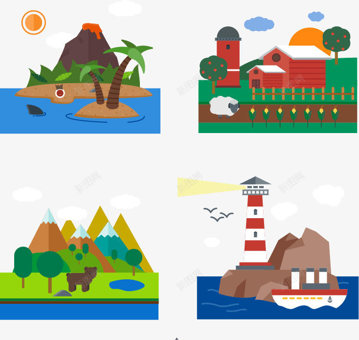 度假风景插画矢量图ai免抠素材_88icon https://88icon.com 云朵 农场 夏季 大海 太阳 岛屿 度假 度假风景插画矢量素材下载 森林 椰子树 沙滩 河流 海鸥 火山 火山手绘 灯塔 熊 牧场 玉米 矢量图 绵羊 船舶 苹果 雪山 风景 鲨鱼