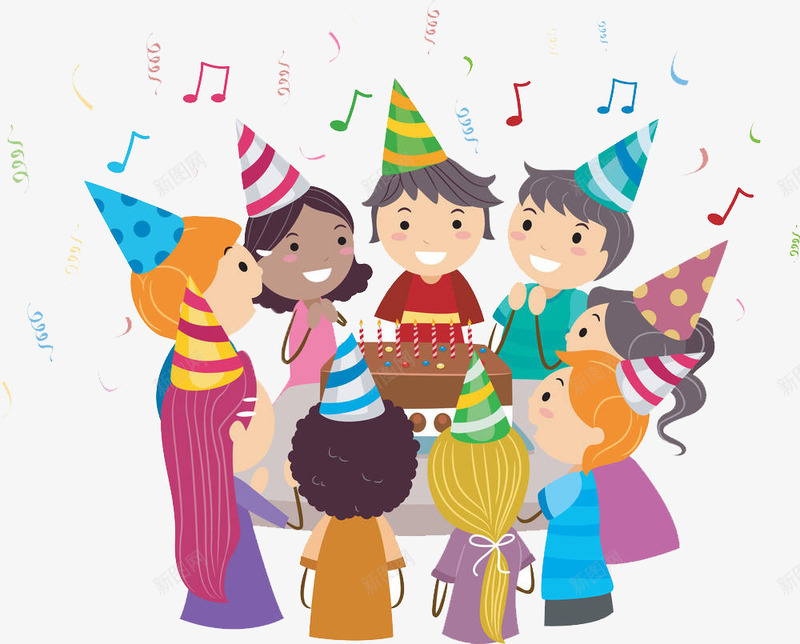 唱生日歌png免抠素材_88icon https://88icon.com 伙伴 彩色 手绘 条纹帽子 生日歌 生日蛋糕 音符