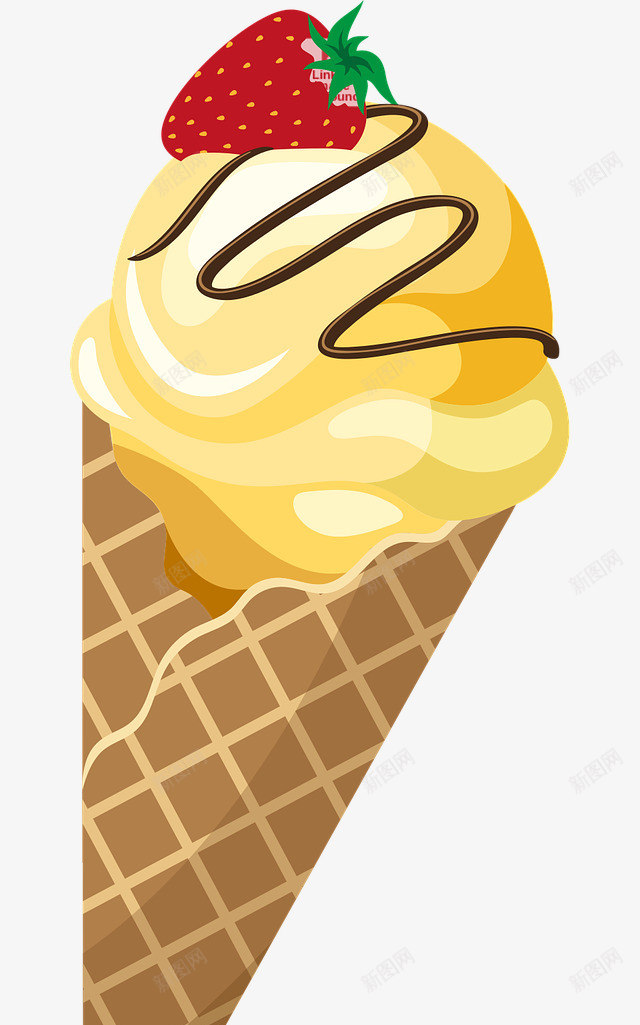 带草莓和巧克力酱的冰淇淋png免抠素材_88icon https://88icon.com 冰淇淋 叶子 草莓 蛋卷 黄色